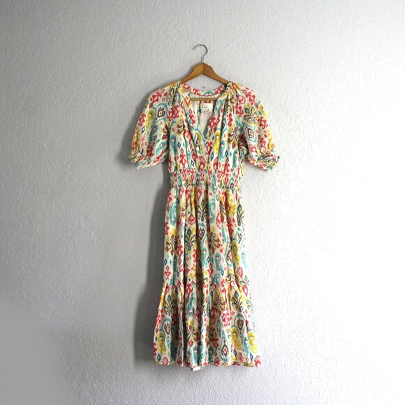 By Anthropologie Felipa Dress Ikat Midi Multicolored smocked waist XS Petite - Picture 2 of 11